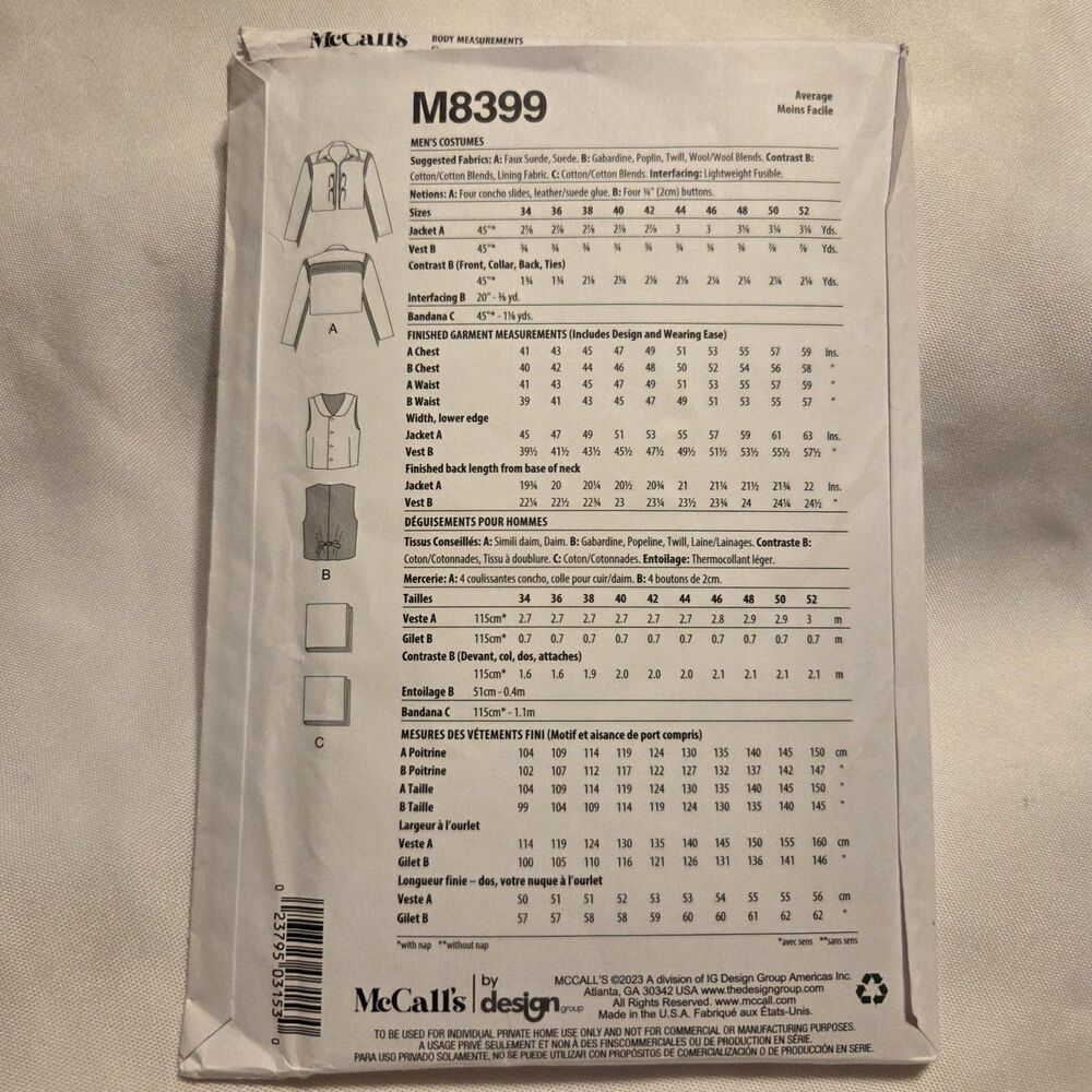 McCalls M8399 Mens Jacket Cowboy Costume Size 44 to 52 Sewing Pattern UNCUT - Picture 3 of 5